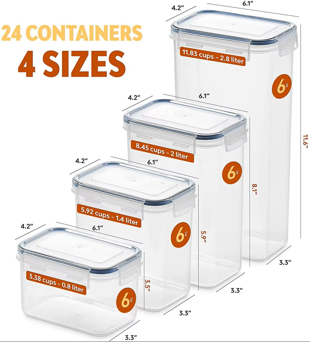 A&U 24pcs Airtight Food Storage Containers with Lids, Plastic Kitchen and Pantry Organization Canisters for Cereal, Dry Food, Flour and Sugar, BPA Free, Includes 24 Labels Black