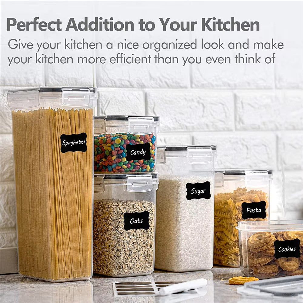 A&U 24pcs Airtight Food Storage Containers with Lids, Plastic Kitchen and Pantry Organization Canisters for Cereal, Dry Food, Flour and Sugar, BPA Free, Includes 24 Labels Black