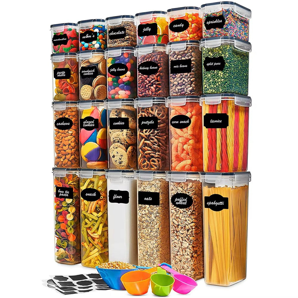 A&U 24pcs Airtight Food Storage Containers with Lids, Plastic Kitchen and Pantry Organization Canisters for Cereal, Dry Food, Flour and Sugar, BPA Free, Includes 24 Labels Black